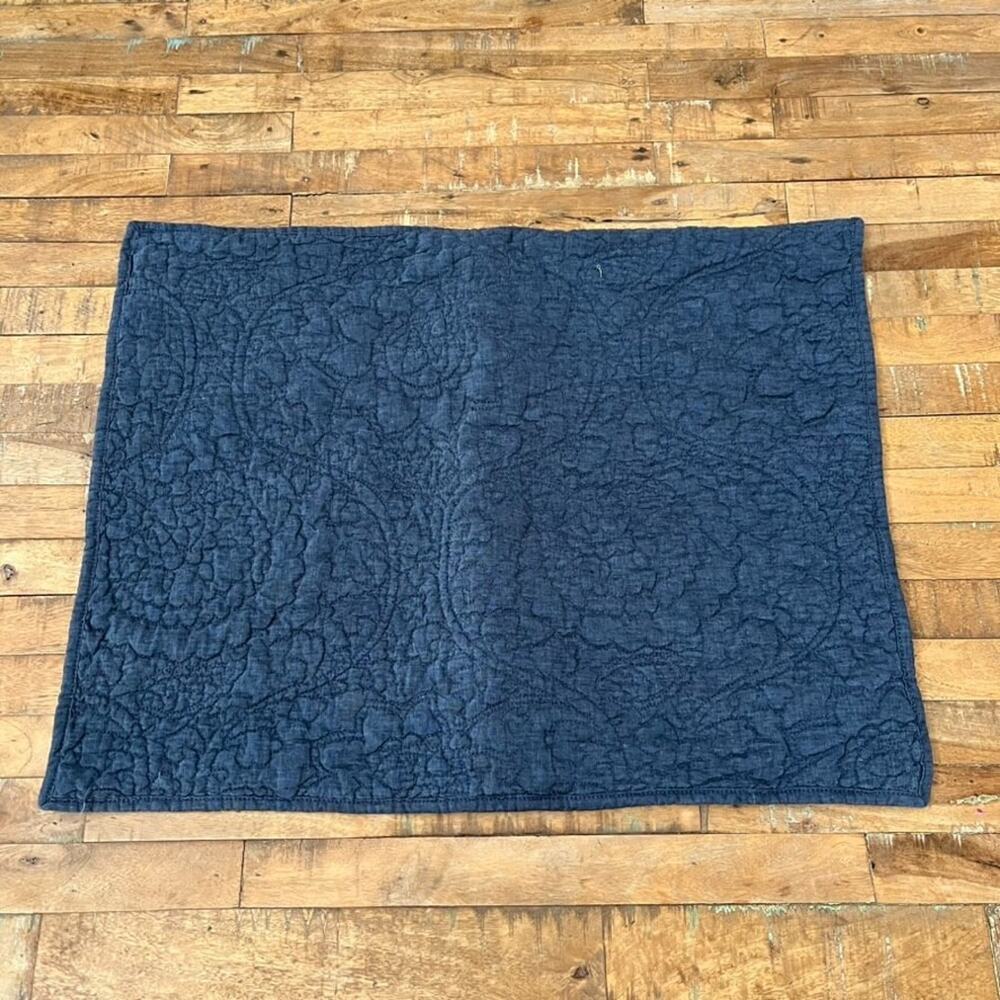 Pottery Barn Belgian Flax Linen Floral Stitch Dark Blue Standard Sham